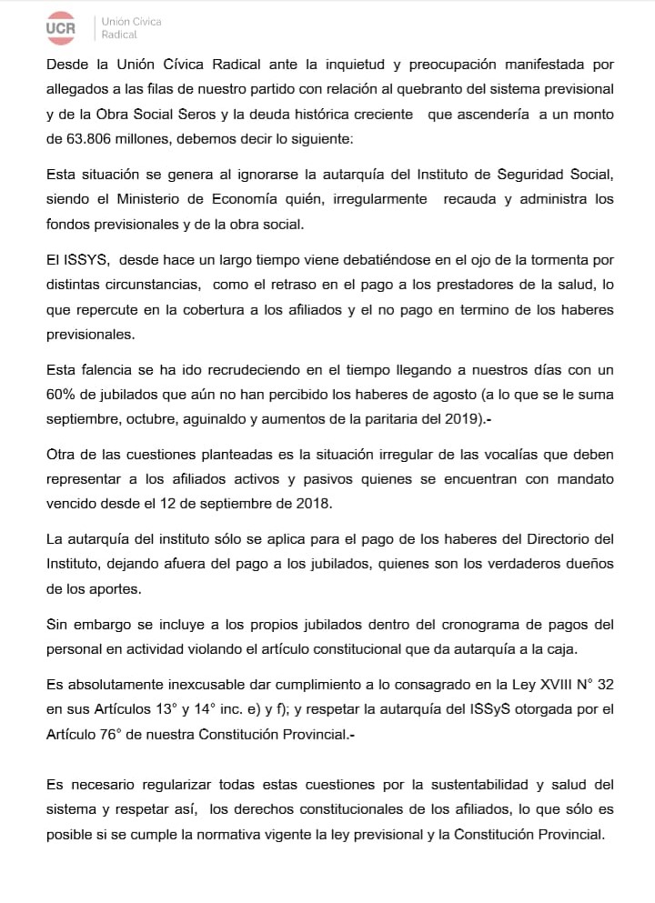 Repercusiones de la nota de Metadata: La UCR preocupada por el “quebranto” de la obra social y las irregularidades constantes dentro del Instituto