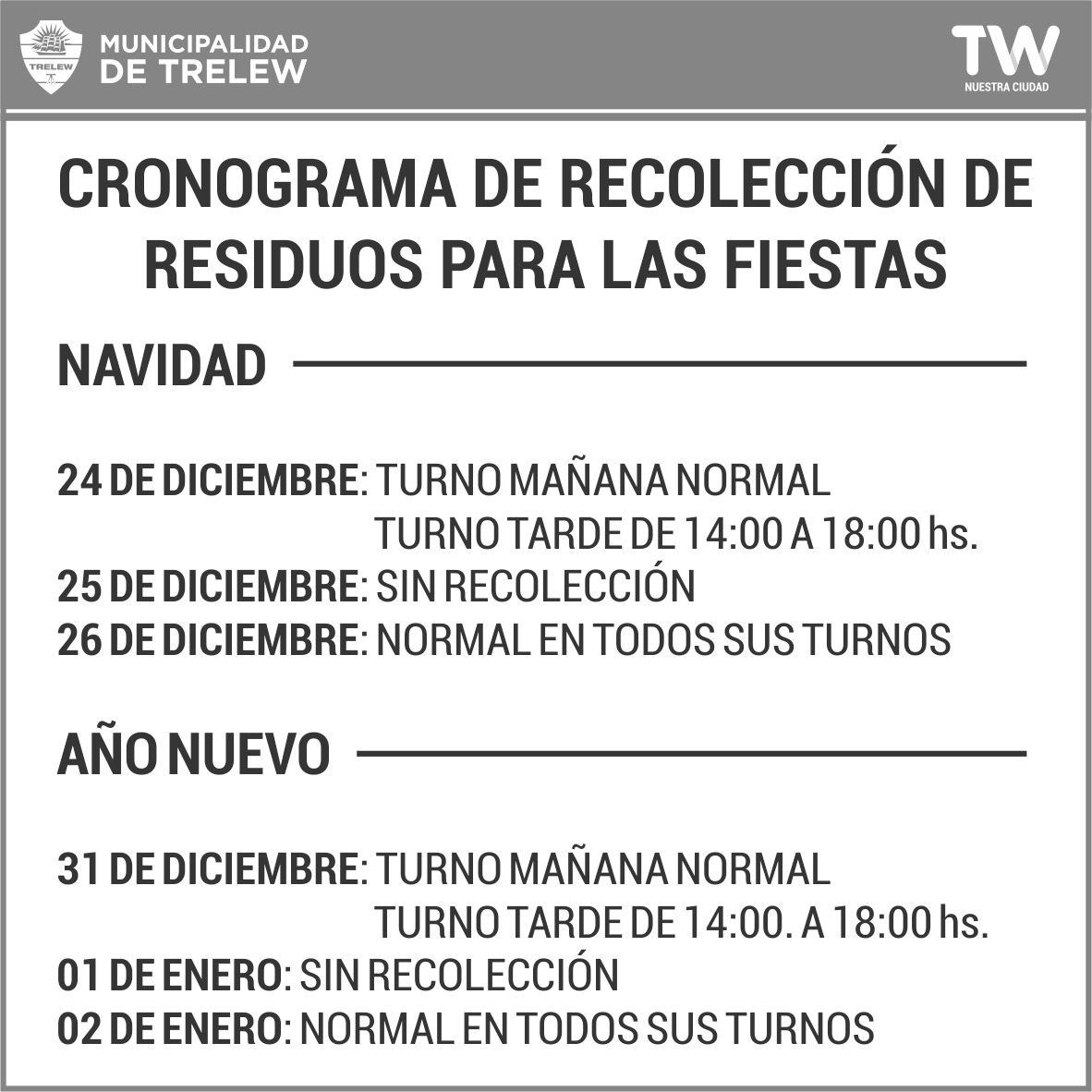 Horarios de recolección de residuos durante navidad y año nuevo
