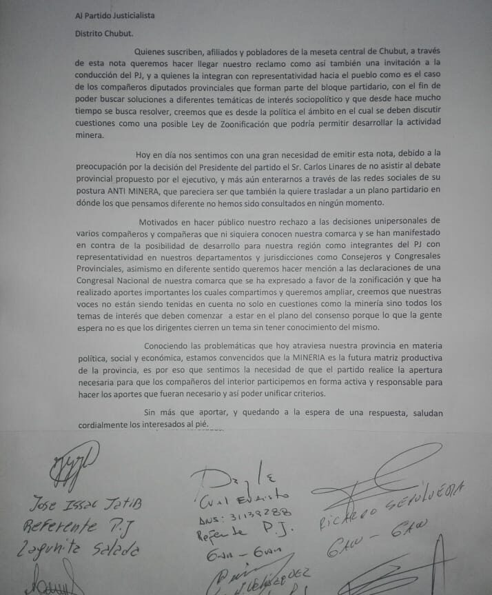 Zonificación minera: Dirigentes del PJ de la Meseta rechazaron la postura de la conducción provincial contra el proyecto