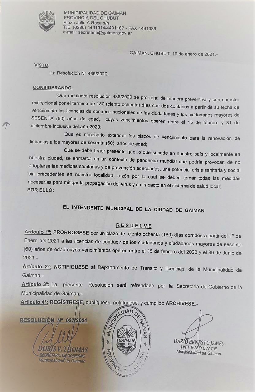 Nueva prórroga para los vencimientos de las licencias de conducir de mayores de 60 años en Gaiman
