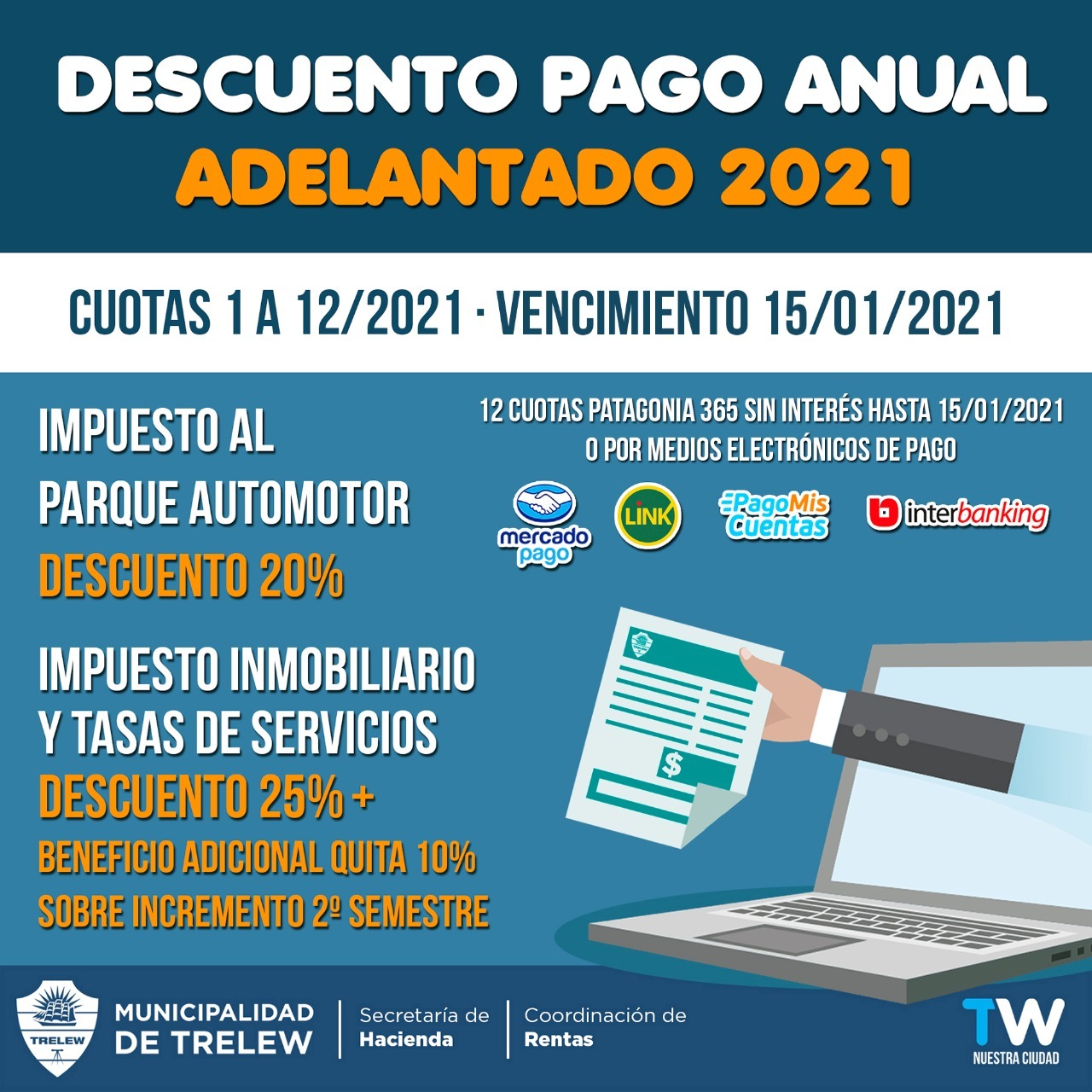 Trelew: Hay plazo hasta el 15 de enero para acceder al Pago Anual Adelantado 2021