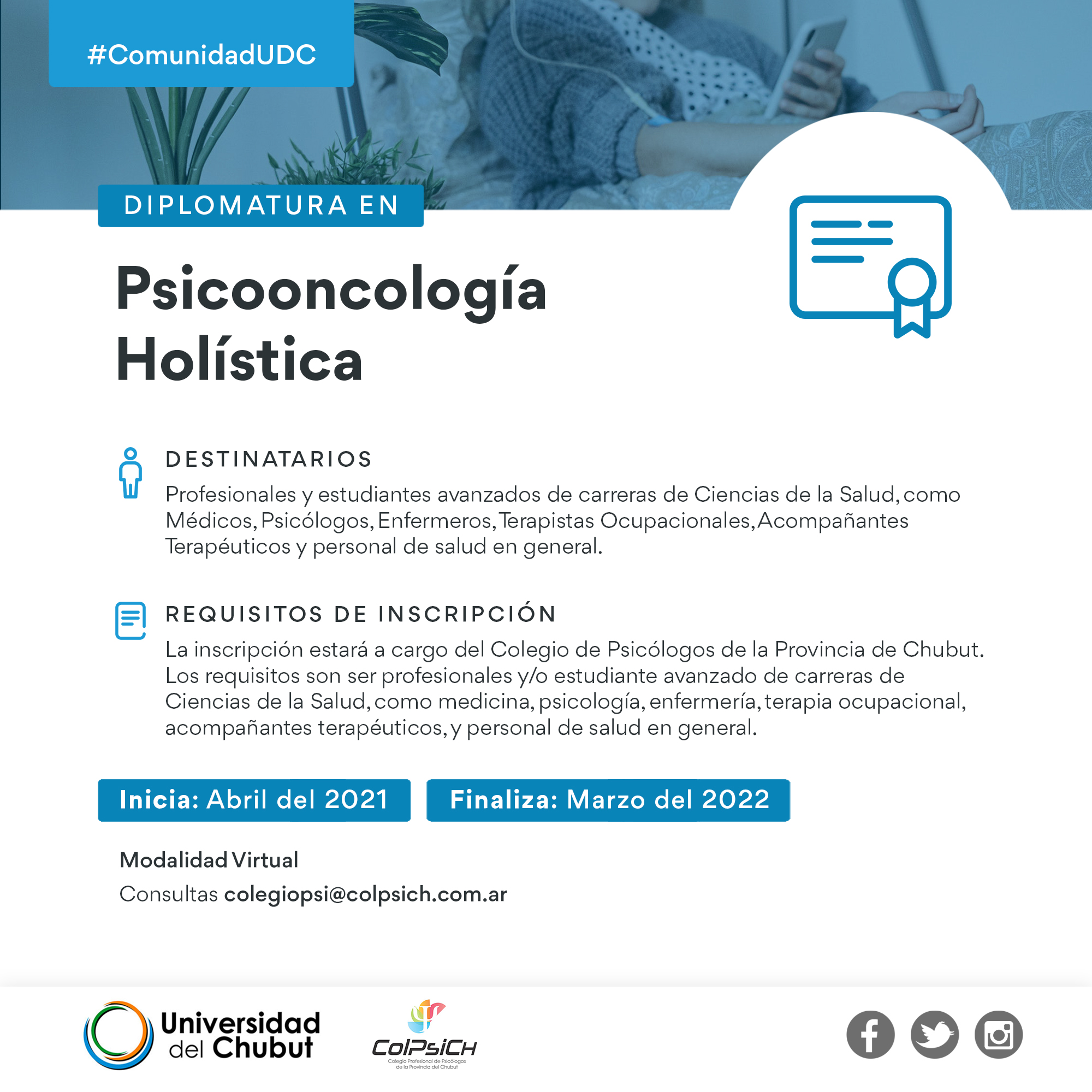 Se dictará en Chubut una Diplomatura en Psicooncología Holística