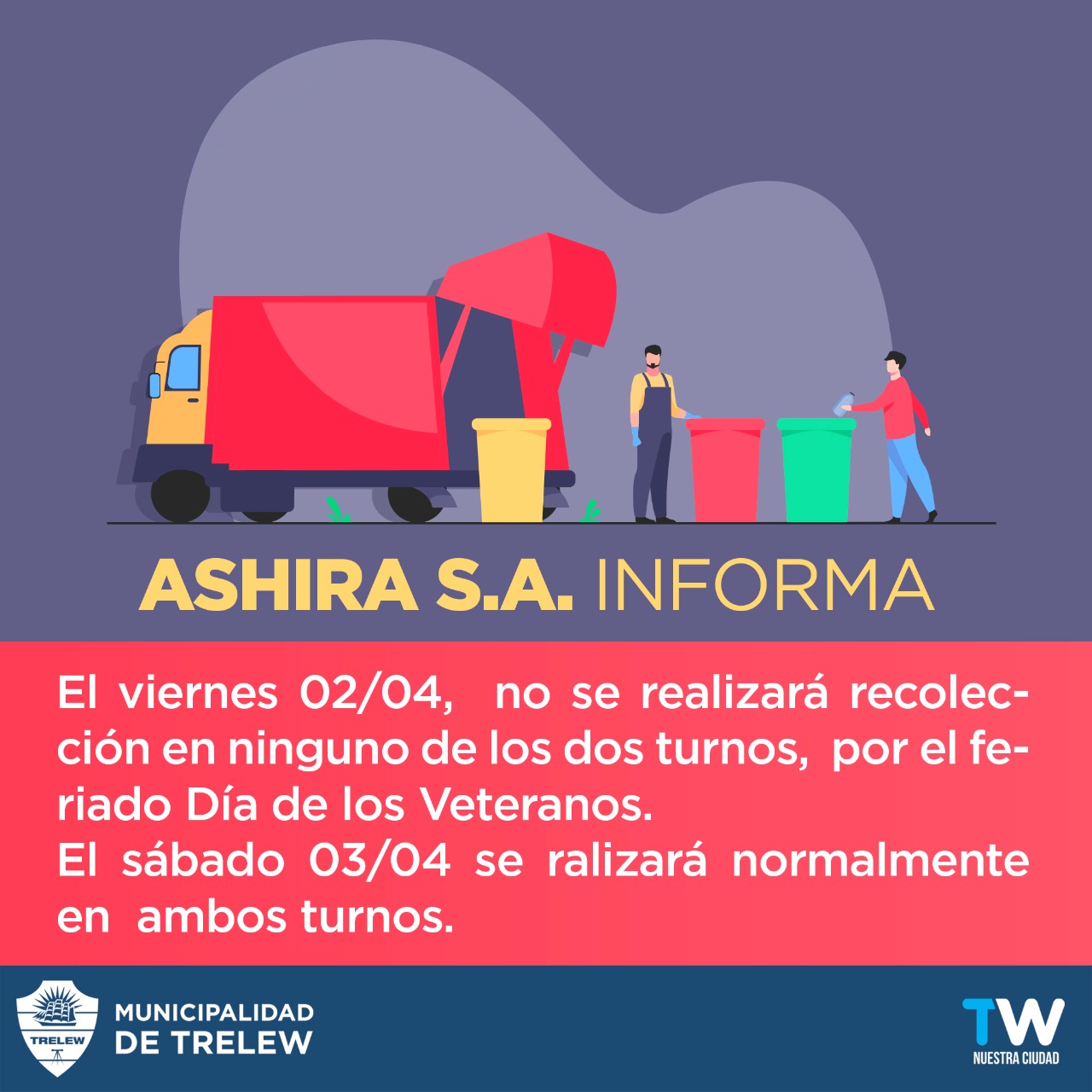Este viernes no habrá recolección de residuos en Trelew
