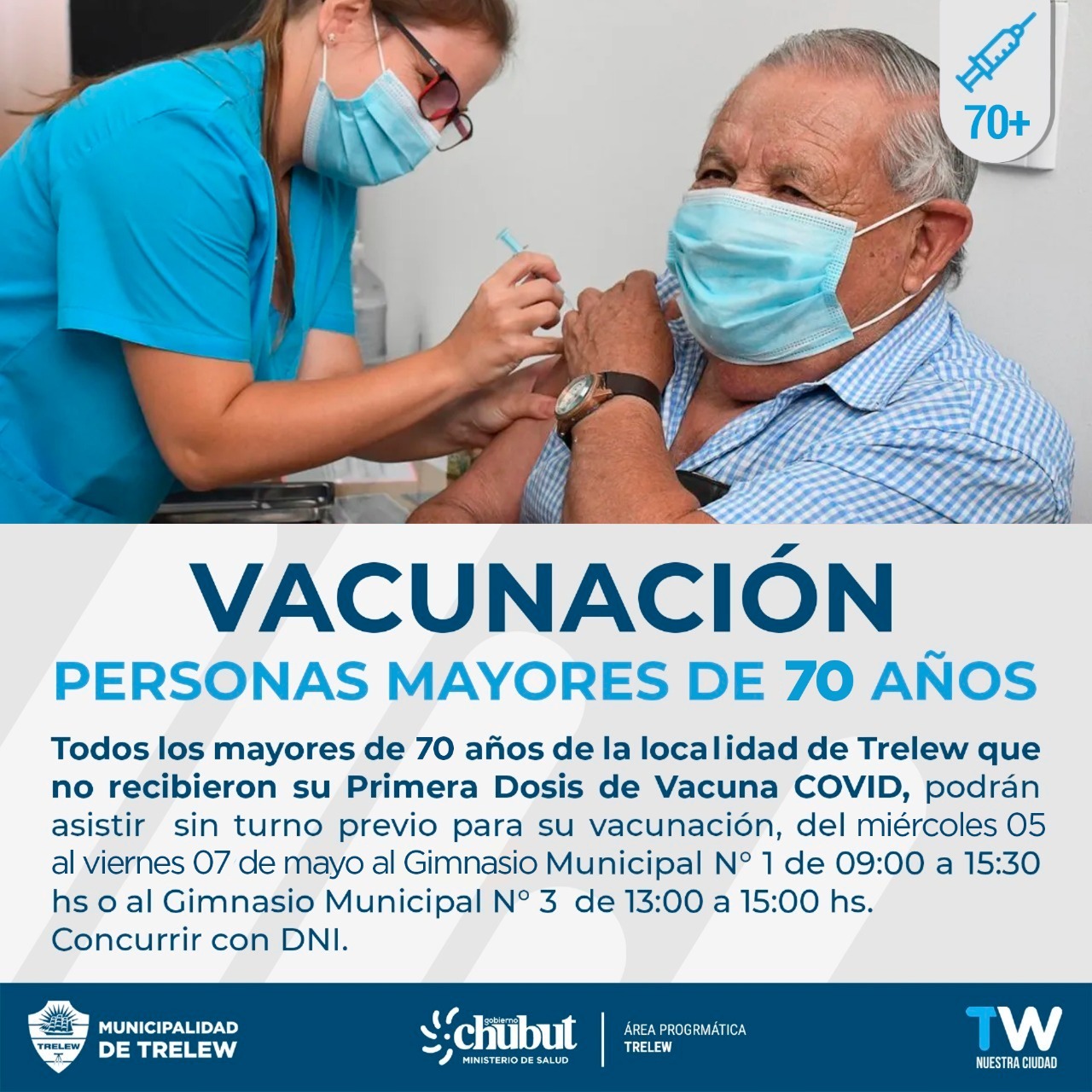 Trelew: Convocan a recibir la primera dosis contra el Covid-19 a personas mayores de 70 años
