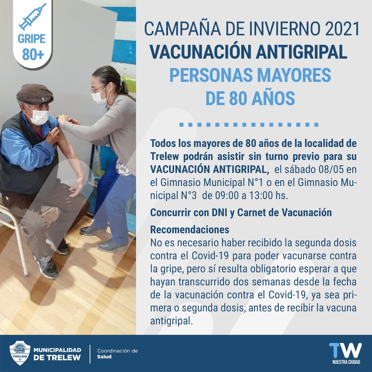 Antigripal: Trelew vacuna mañana en los gimnasios municipales 1 y 3 a mayores de 80 años
