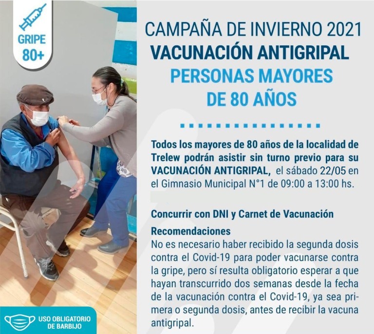 Trelew: Este sábado Salud vacuna contra la Gripe a los mayores de 80 años