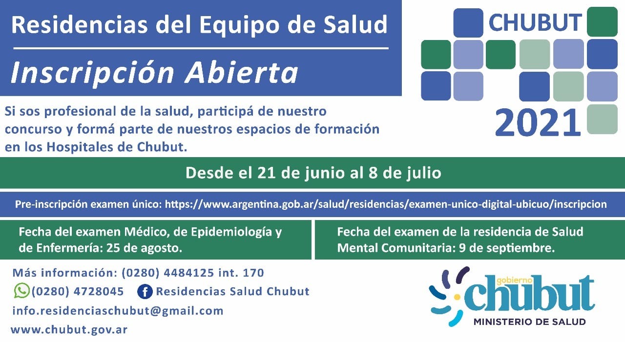 Chubut convoca a cubrir cargos de las “Residencias del Equipo de Salud 2021”