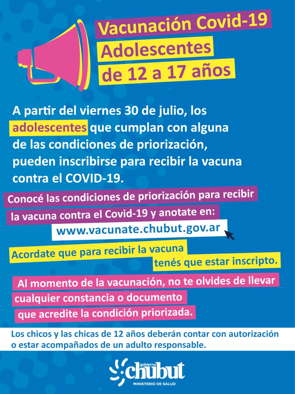Chubut abre este viernes la inscripción de adolescentes entre 12 y 17 años priorizados para la vacunación contra el coronavirus