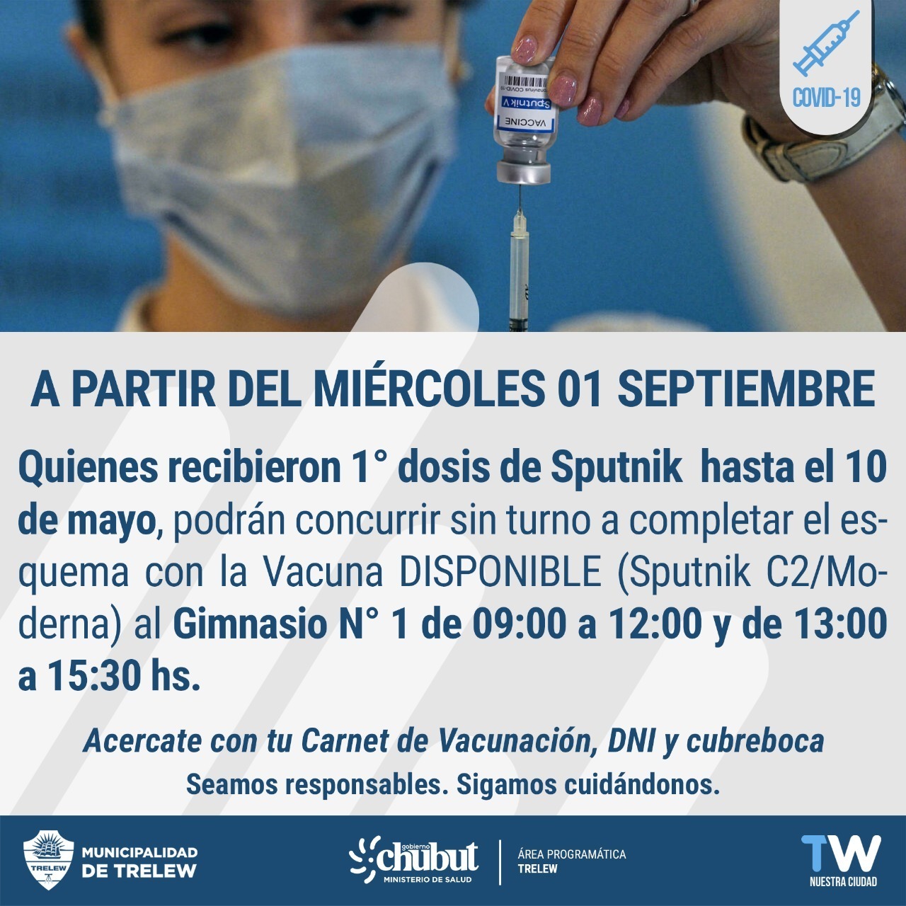 El miércoles se colocarán las segundas dosis de Sputnik V en Trelew