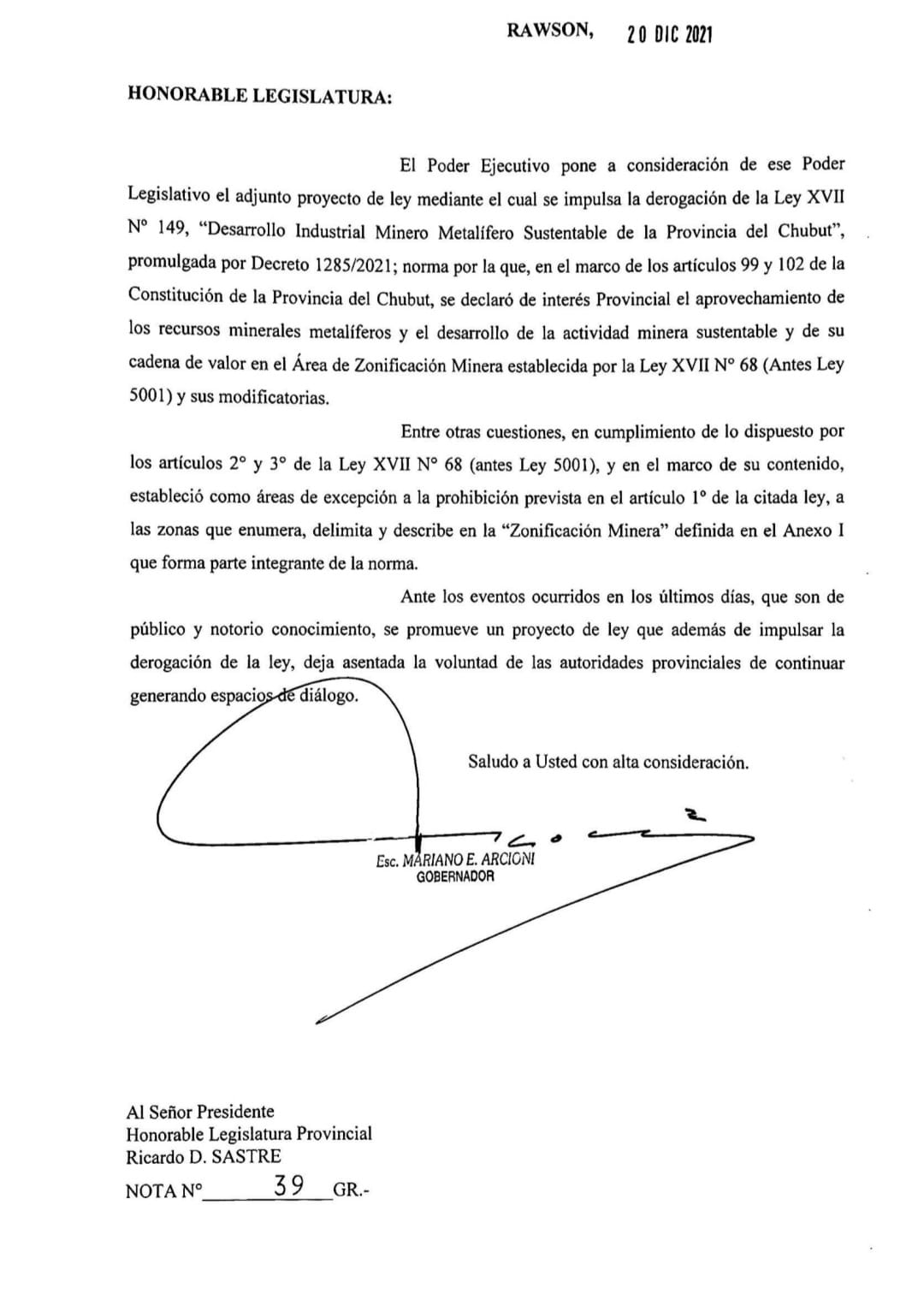 Arcioni envió a la Legislatura el proyecto para derogar la zonificación minera