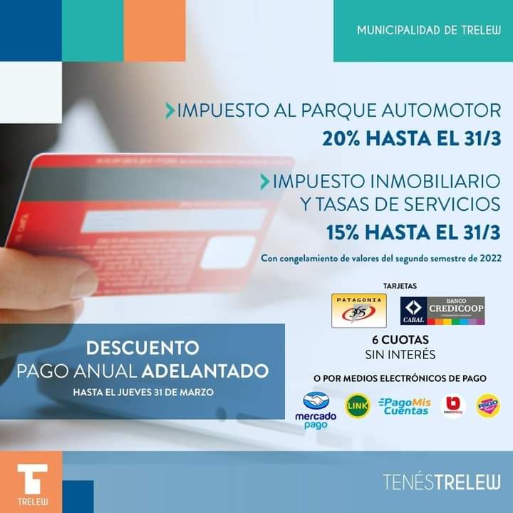 Trelew: Últimos días de descuentos por pago anual adelantado de impuestos