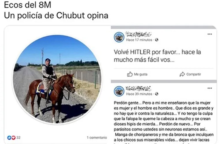 Un policía de Chubut fue sumariado por publicar frases alusivas al nazismo en Facebook en el Día de la Mujer