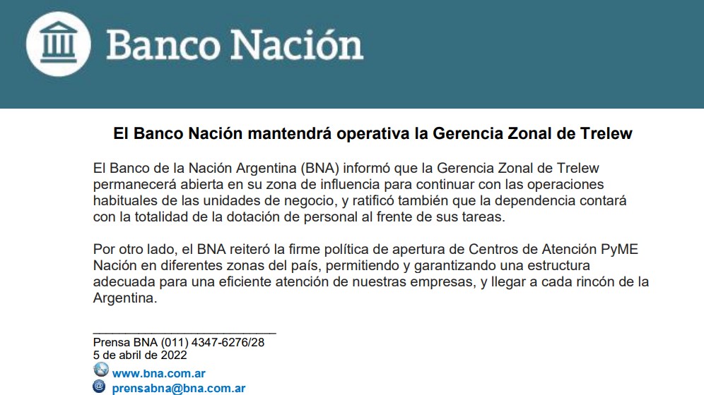 Banco Nación ratificó que la Gerencia Zonal de Trelew permanecerá abierta con su cartera de negocios