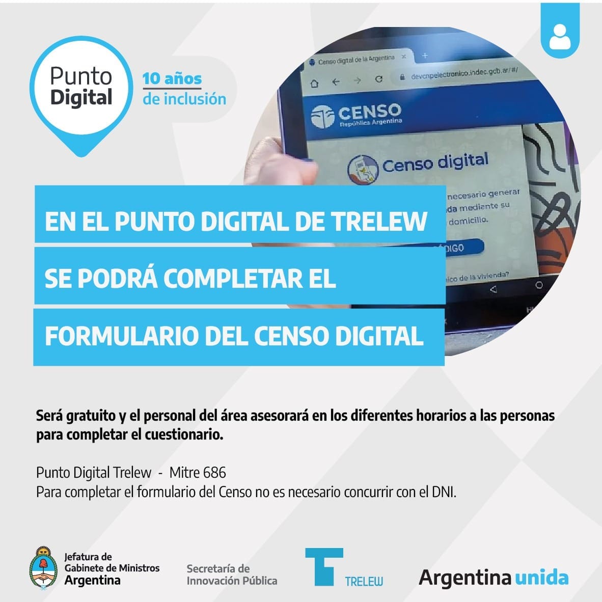 El Punto Digital Trelew asistirá a personas que no fueron censadas