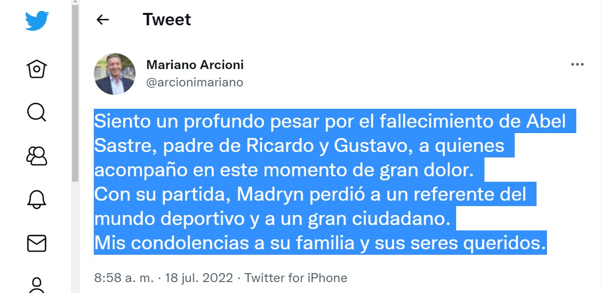 Arcioni dijo que con la partida de Abel Sastre “Madryn perdió a un gran ciudadano y a un enorme referente del mundo deportivo”