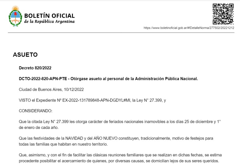 Alberto Fernández oficializó el asueto de los días 23 y 30 de diciembre para la administración pública nacional