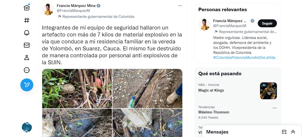 La vicepresidenta de Colombia encontró explosivos cerca de su casa y denunció un intento de atentado