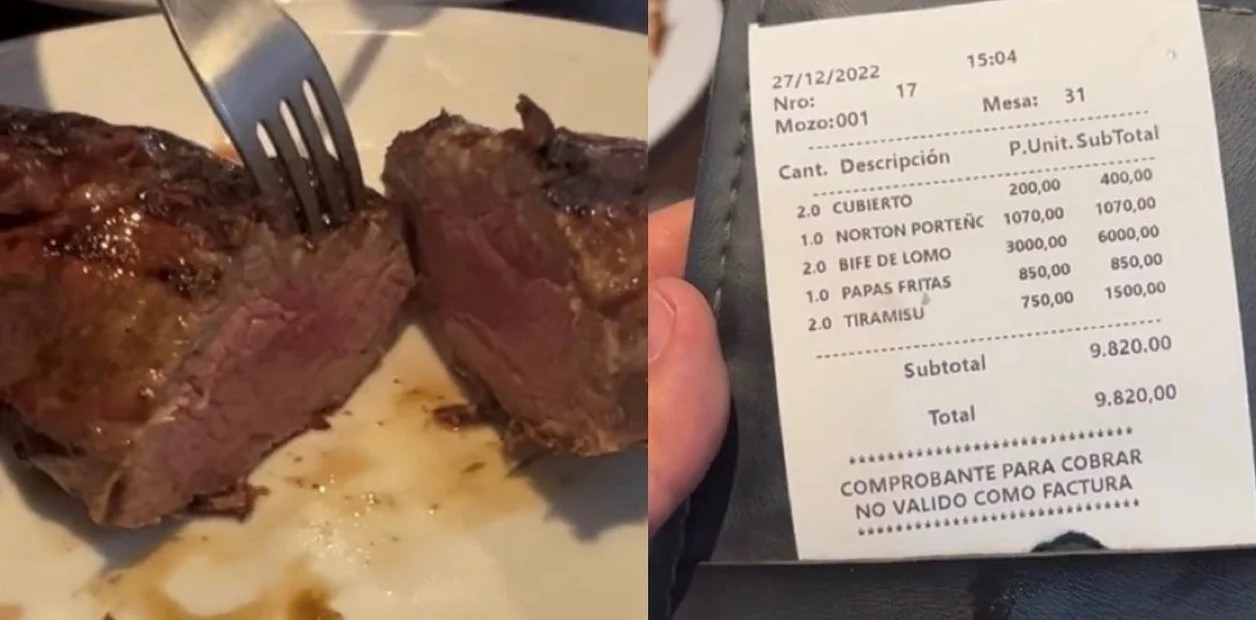 Dos turistas se llevaron una gran sorpresa por lo poco que pagaron en una parrilla argentina: Bife de lomo, papas fritas, vino y postre por solo 30 dólares