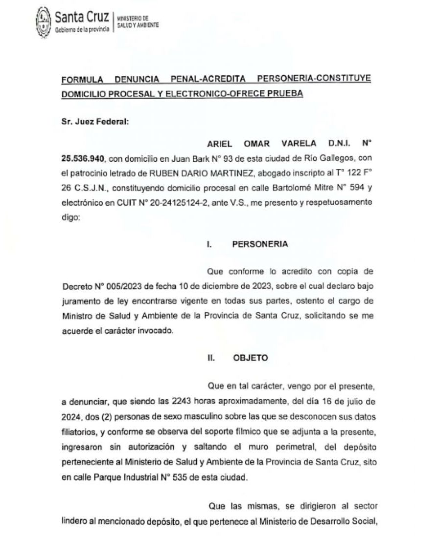 El Gobierno de Santa Cruz presentó denuncia por el atentado a los depósitos de Desarrollo y Salud en el Juzgado Federal