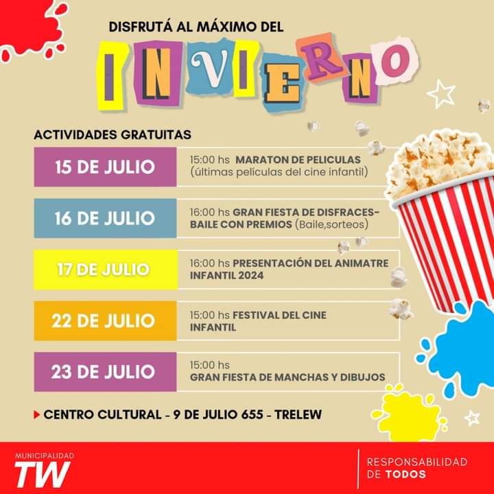 Trelew: Cuáles serán las actividades culturales, recreativas, artísticas y de cine en vacaciones de invierno