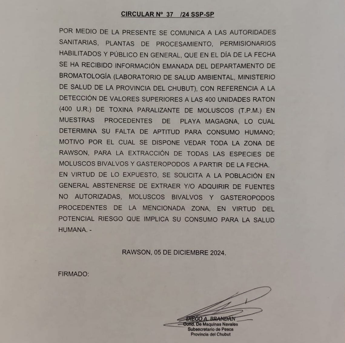 Pesca: Veda por Marea Roja en toda la zona de Rawson
