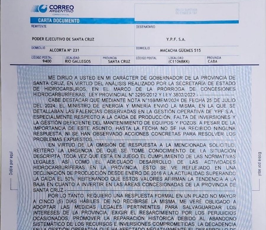 El gobernador Claudio Vidal envió una carta documento a YPF exigiendo una reparación histórica energética para Santa Cruz